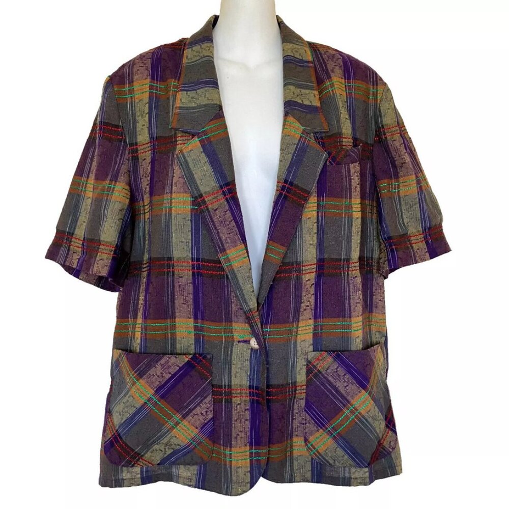 Purple Plaid Short Sleeve Blazer Jacket Vintage Collections Internationale 90s